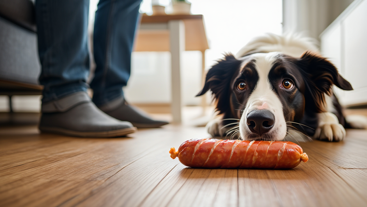 Дрессированная собака игнорирует еду на полу и ждет команду от хозяина