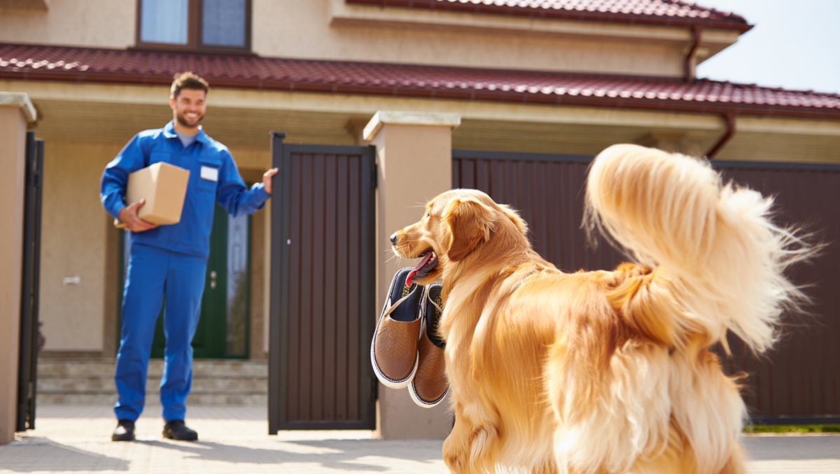 Дружелюбный золотистый ретривер встречает незнакомца у ворот дома