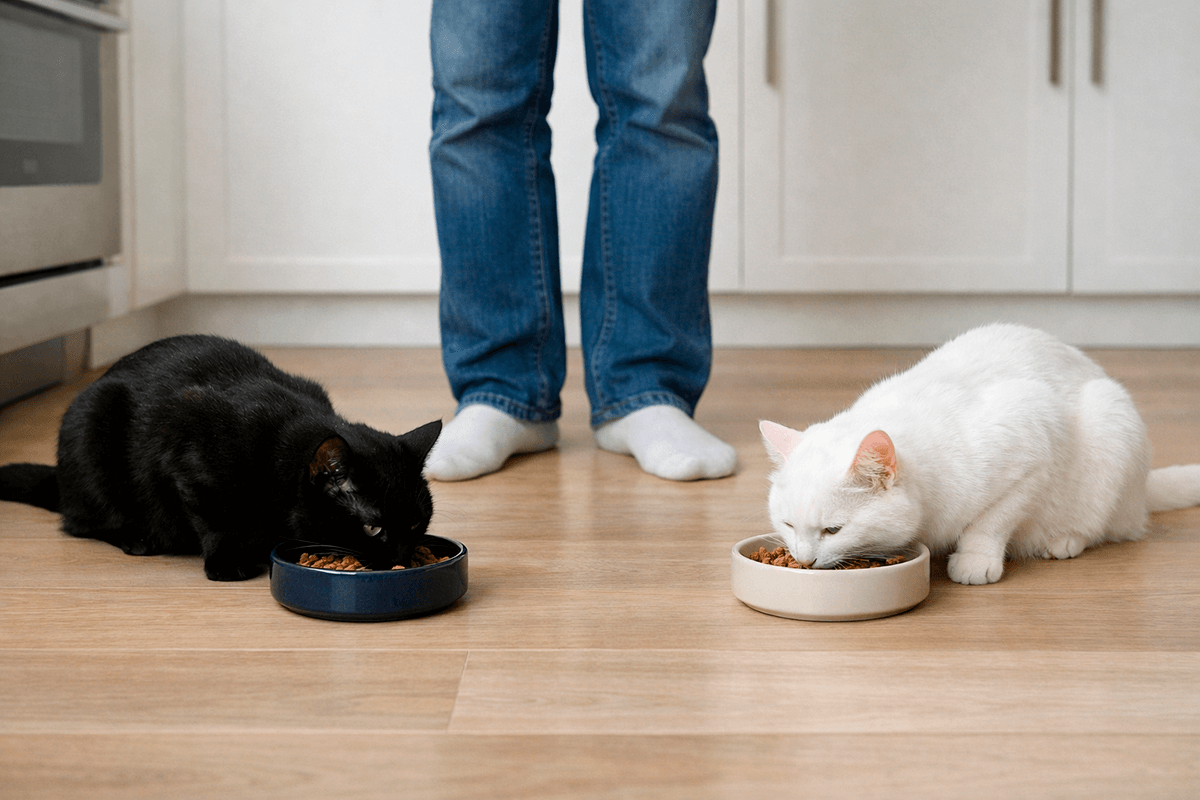 Две кошки едят из мисок на расстоянии друг от друга под присмотром хозяйки