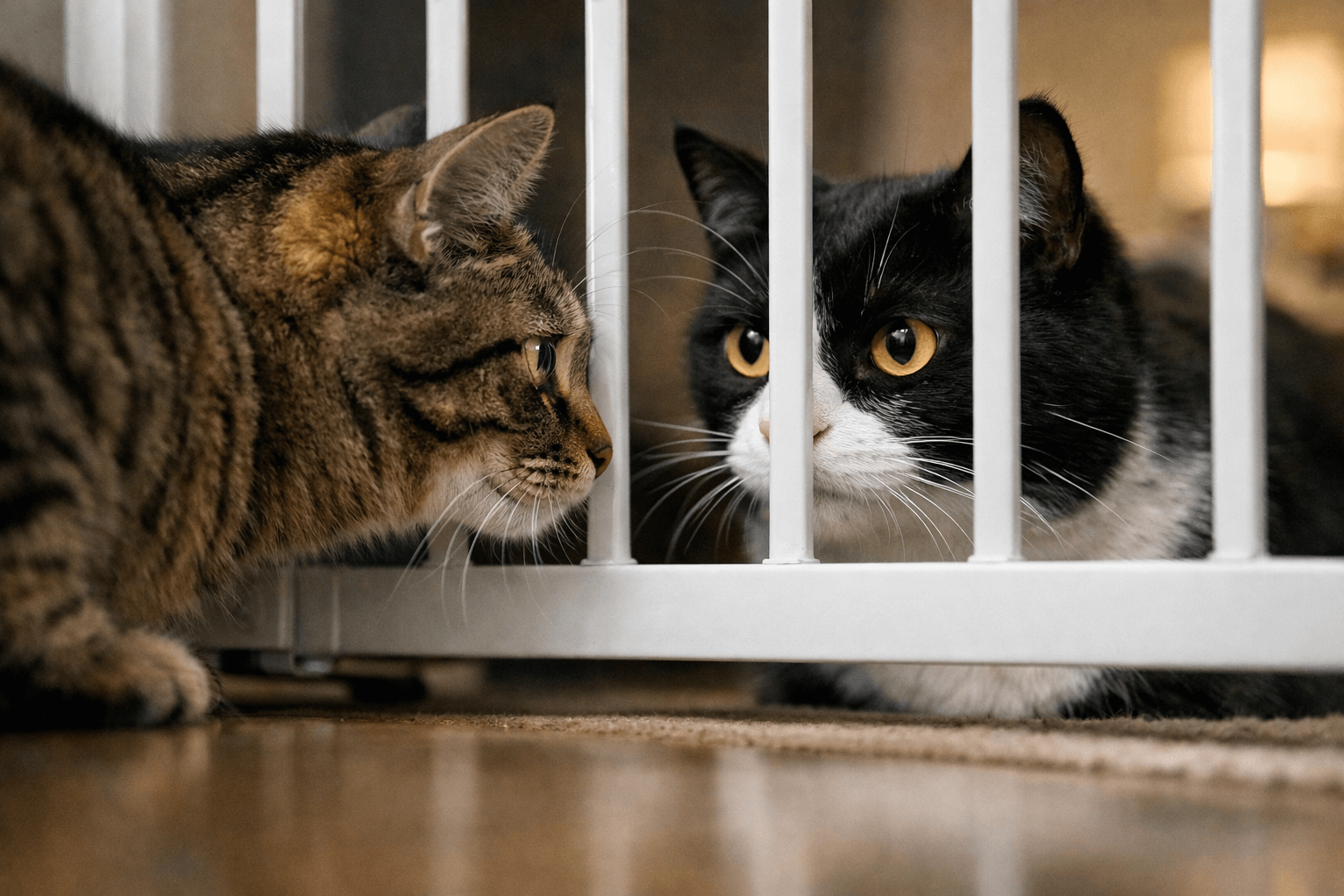 Две кошки смотрят друг на друга через детские ворота безопасности