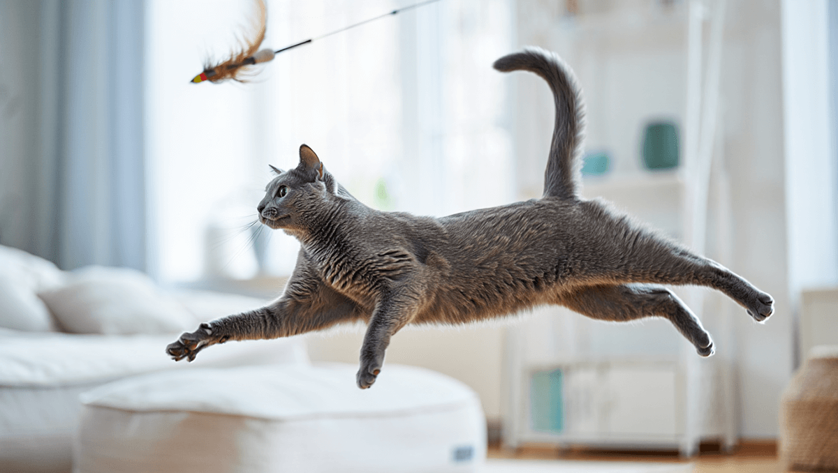 Игривая русская голубая кошка охотится за игрушкой, демонстрируя свой охотничий инстинкт.