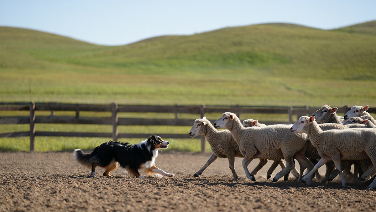 Австралийская овчарка в работе — пасет овец на ферме, показывая свои исторические пастушьи инстинкты.