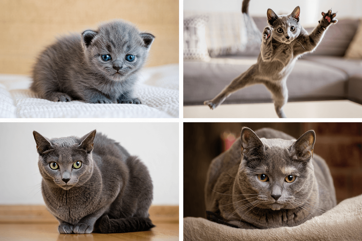 Коллаж из четырех фото, показывающий этапы жизни кошки: котенок, молодой кот, взрослый и пожилой