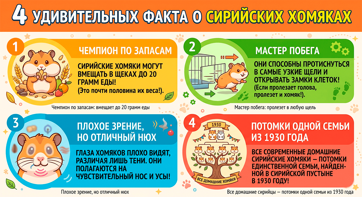 Инфографика с 4 забавными фактами о зрении, обонянии, щеках и происхождении сирийских хомяков