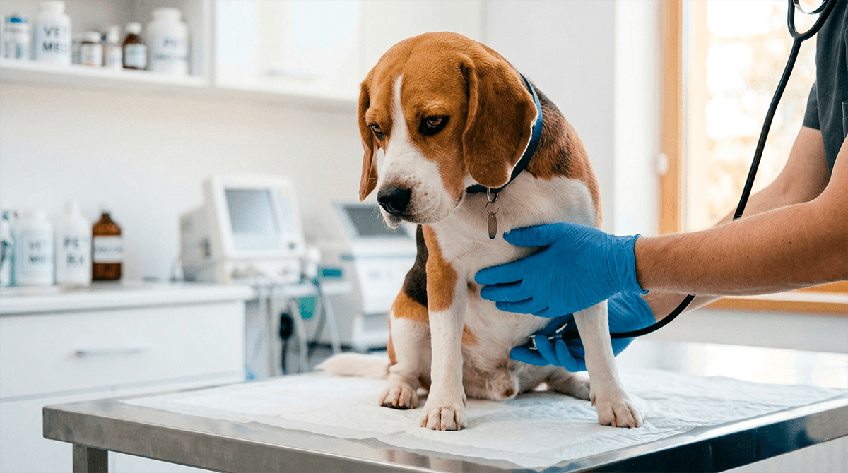 Осмотр собаки ветеринаром при проблемах с ЖКТ