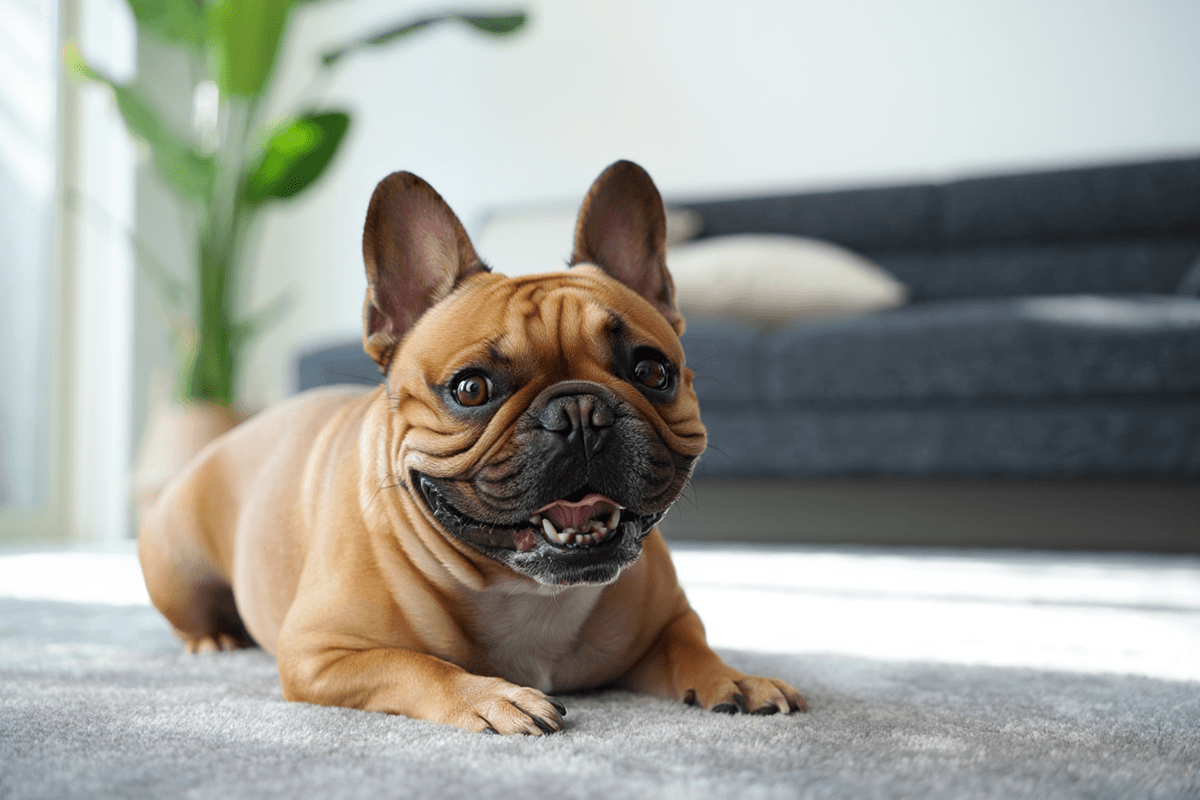 Палевый французский бульдог сидит на ковре в светлой квартире.