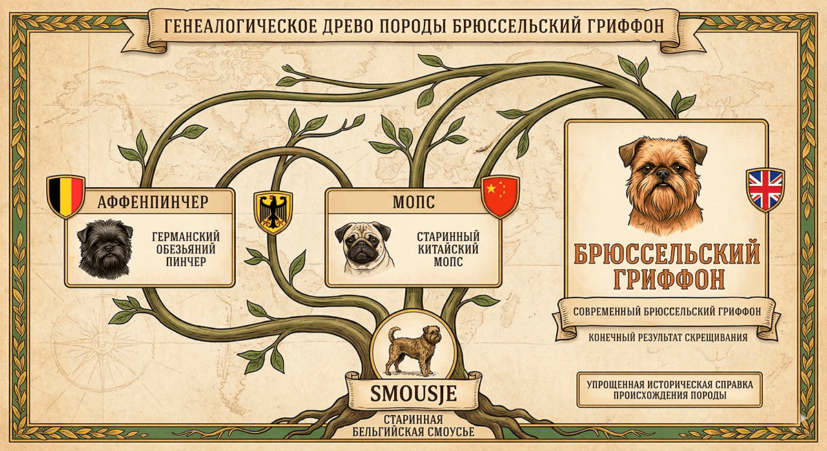 Генеалогическое древо происхождения брюссельского гриффона от мопса и аффенпинчера