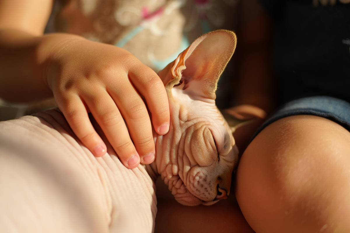 Ребенок гладит лысую кошку породы канадский сфинкс