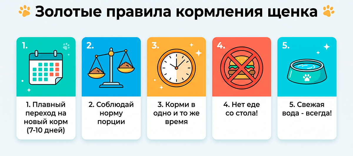 Инфографика пяти главных правил правильного кормления щенка