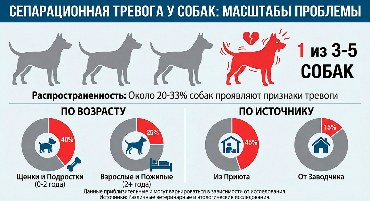 Графическое представление статистики, показывающее, что каждая 3-5 собака в той или иной степени проявляет признаки сепарационной тревоги.