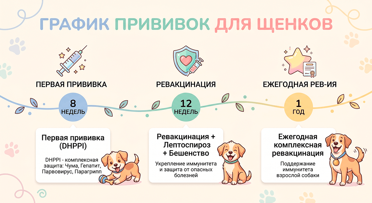 Таймлайн-схема: подробный график вакцинации и ревакцинации для щенков по неделям