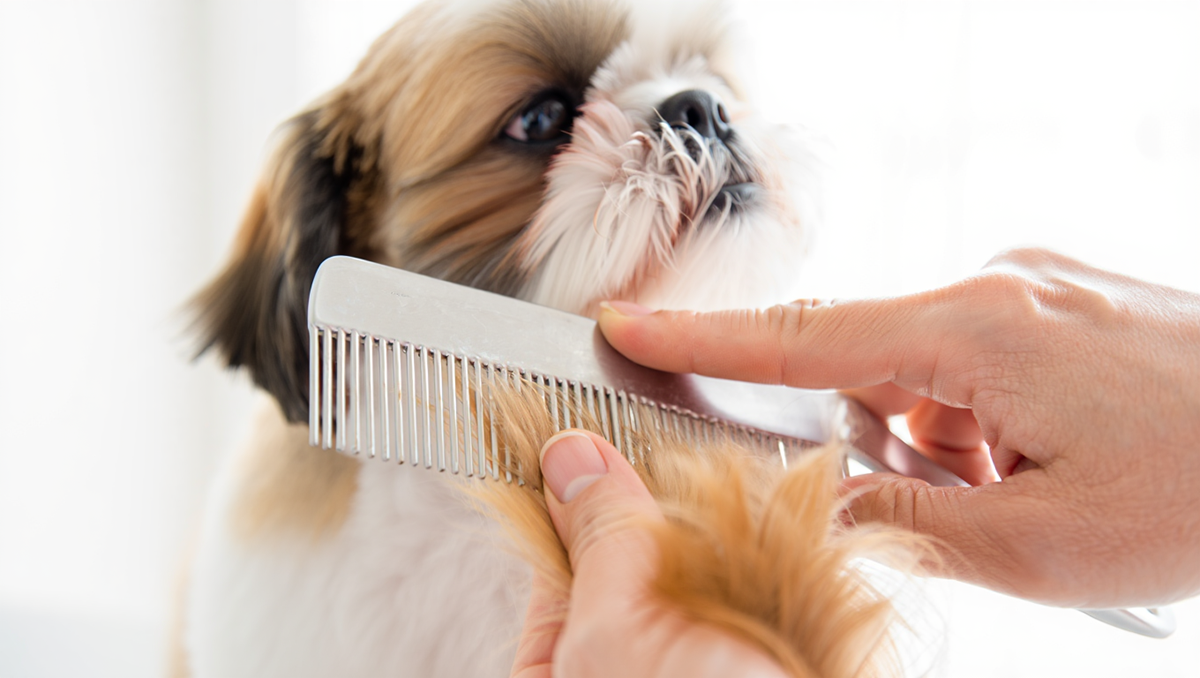 Груминг ши-тцу: расчесывание длинной шерсти металлической расческой.