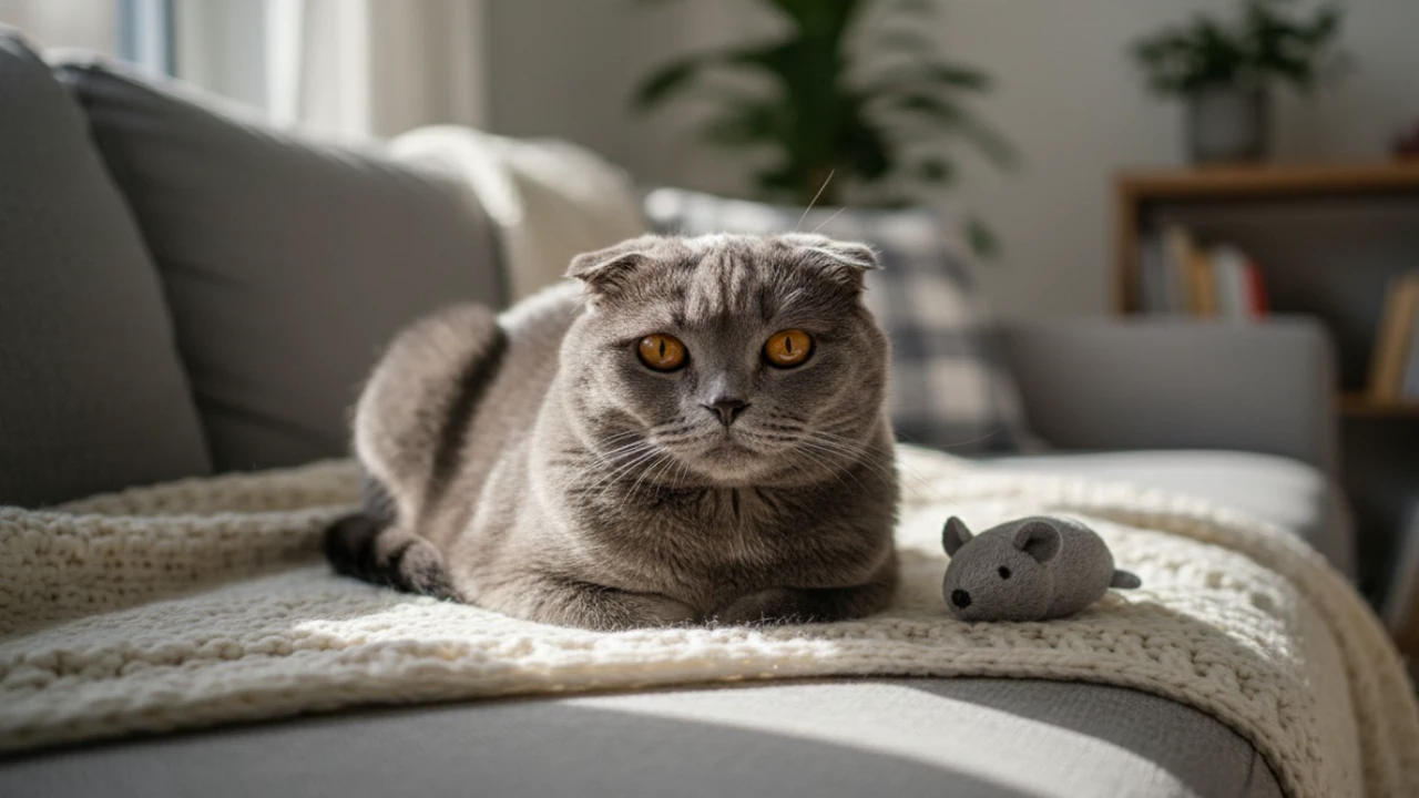 Спокойная шотландская вислоухая кошка отдыхает на диване в уютной домашней обстановке