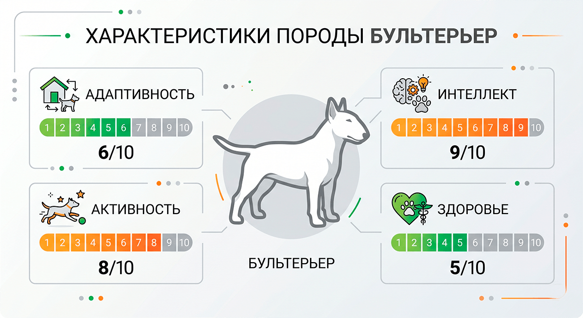 Инфографика с оценками качеств и характеристиками породы бультерьер