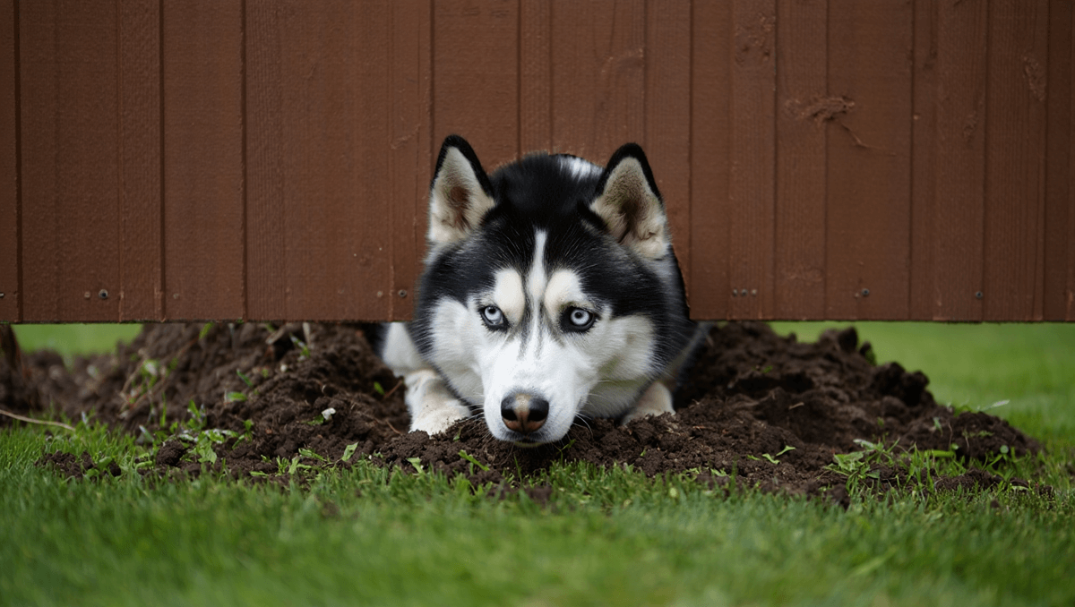  Хаски делает подкоп под забором, демонстрируя склонность к побегам