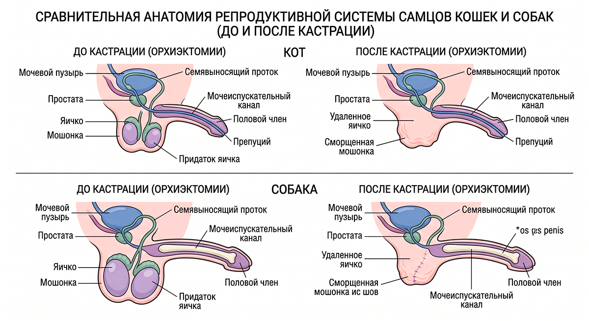 Схематичное изображение репродуктивной системы самцов до и после кастрации