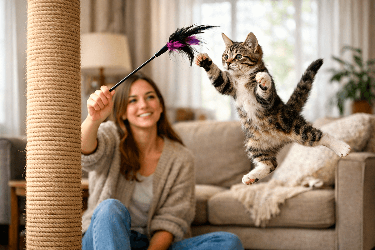 Хозяйка играет с котенком дразнилкой возле когтеточки
