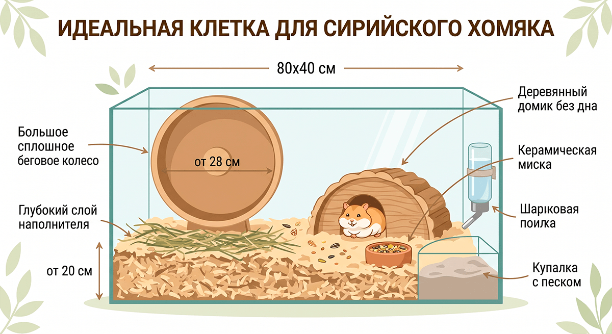 Визуальная схема правильного обустройства клетки для сирийского хомяка с размерами колеса и наполнителя