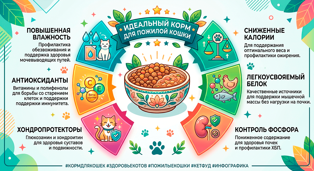 Схема состава идеального рациона и корма для стареющей кошки