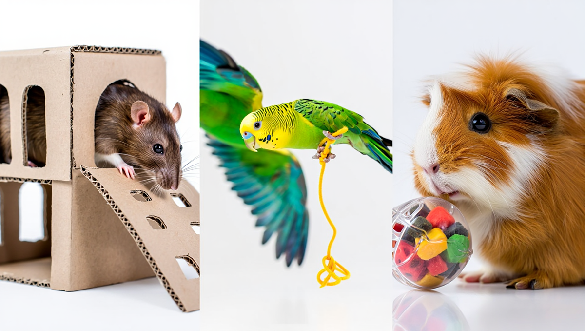 Игры для грызунов и птиц: лабиринты для крыс, игрушки для попугаев и морских свинок.