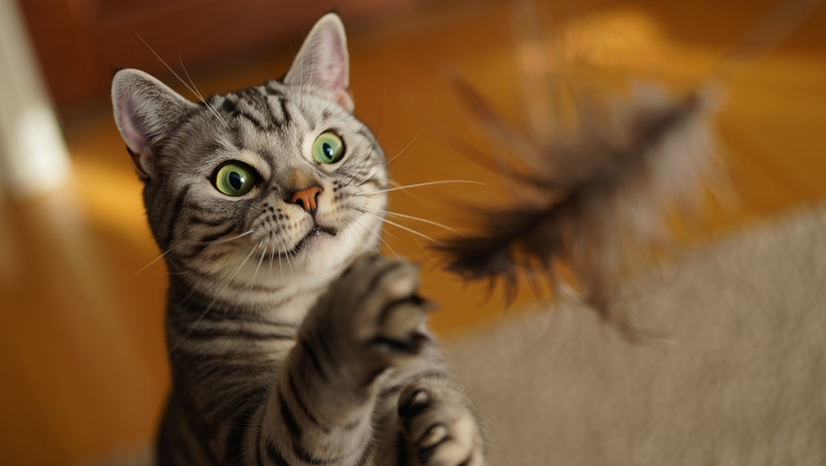 Игры с кошкой: охота на перьевую дразнилку дома