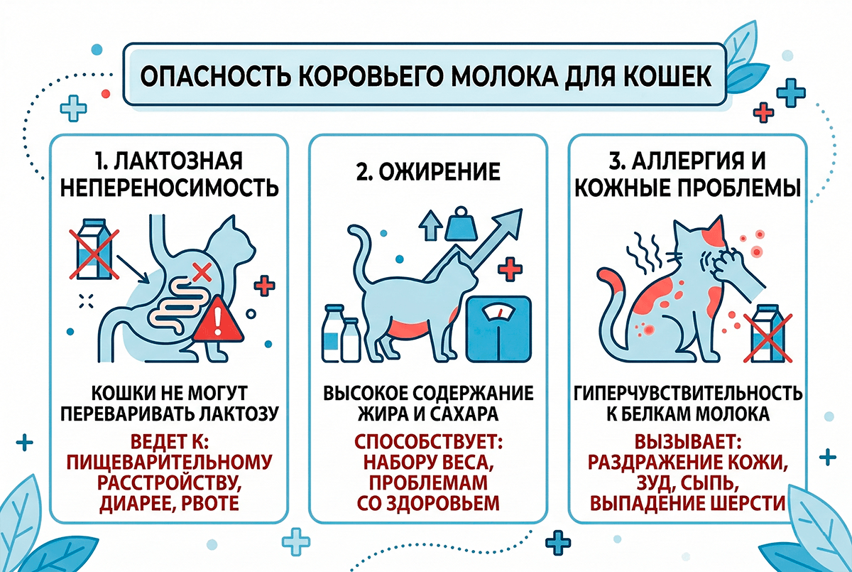 Инфографика: последствия употребления коровьего молока для кошек — диарея, ожирение, аллергия
