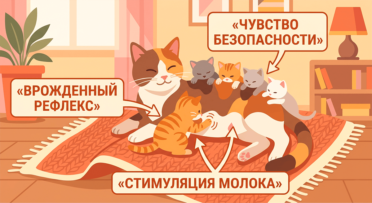 Инфографика: котенок мнет лапами живот кошки-мамы во время кормления для стимуляции молока