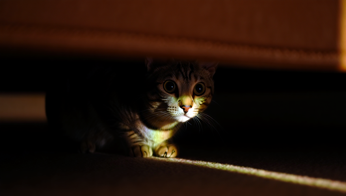 Испуганная кошка прячется в темном углу под кроватью