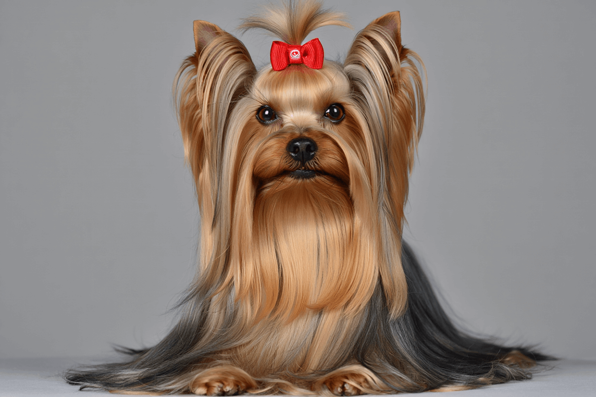 Ухоженный йоркширский терьер с длинной шерстью и бантиком
