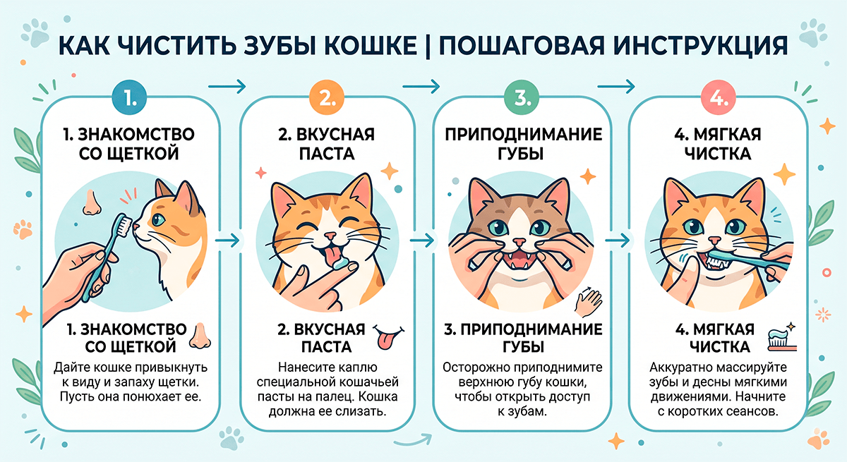 Пошаговая визуальная инструкция по правильной чистке зубов пожилой кошке