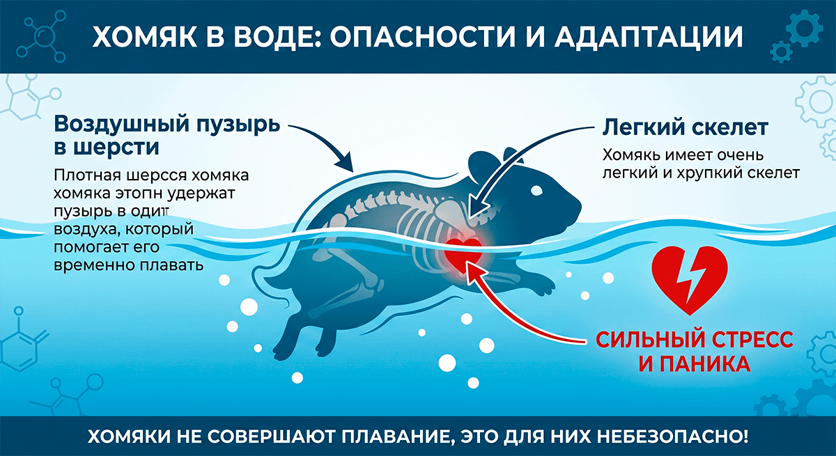 Схема-инфографика: как хомяк держится на воде и почему плавание вызывает у грызуна стресс