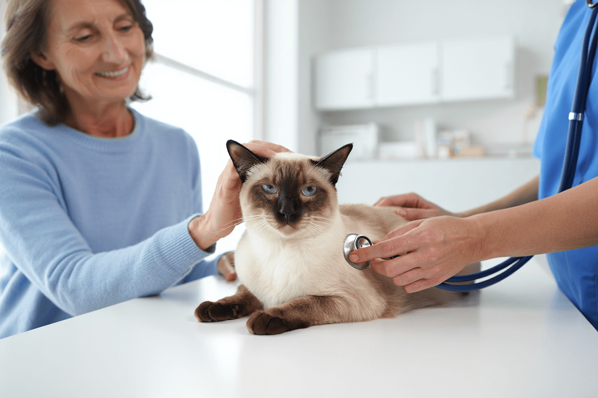 Ветеринар осматривает пожилую кошку во время профилактического чек-апа
