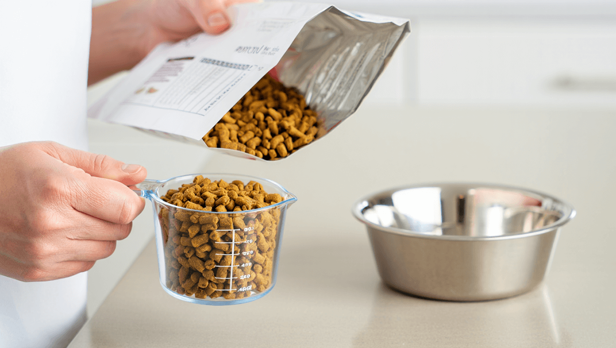 Человек отмеряет сухой корм для собаки с помощью мерного стакана