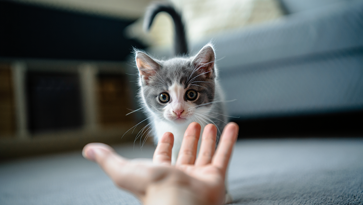 Как выбрать ласкового котенка: малыш уверенно подходит к руке с поднятым хвостом.