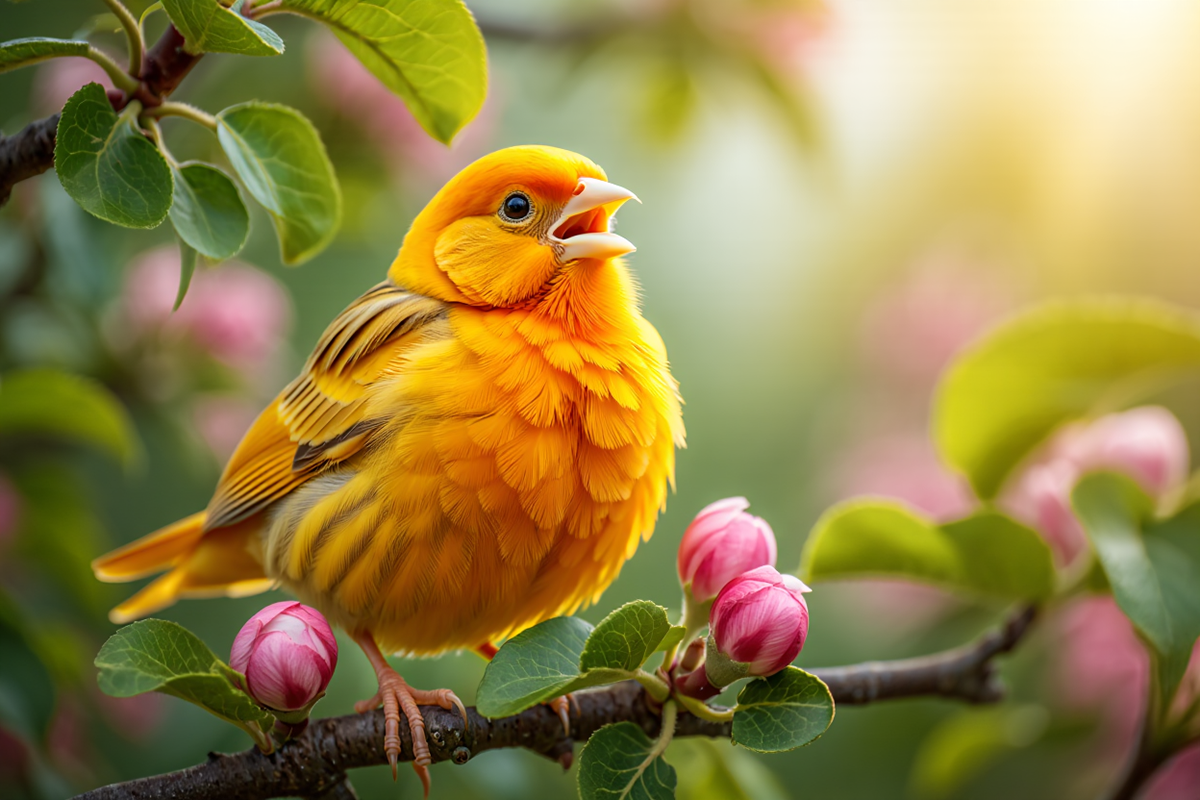Фото ярко-желтой певчей канарейки, сидящей на ветке дерева крупным планом