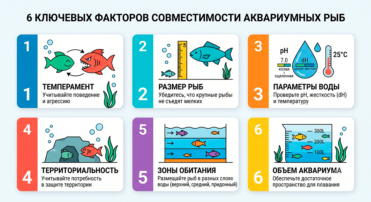 Инфографика ключевых факторов совместимости аквариумных рыб при заселении