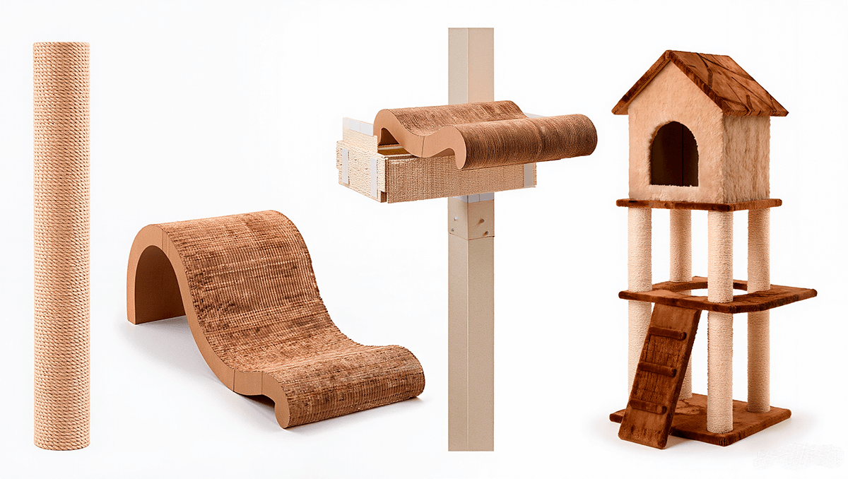 Коллаж разных видов когтеточек: столбик, волна, угловая, игровой комплекс