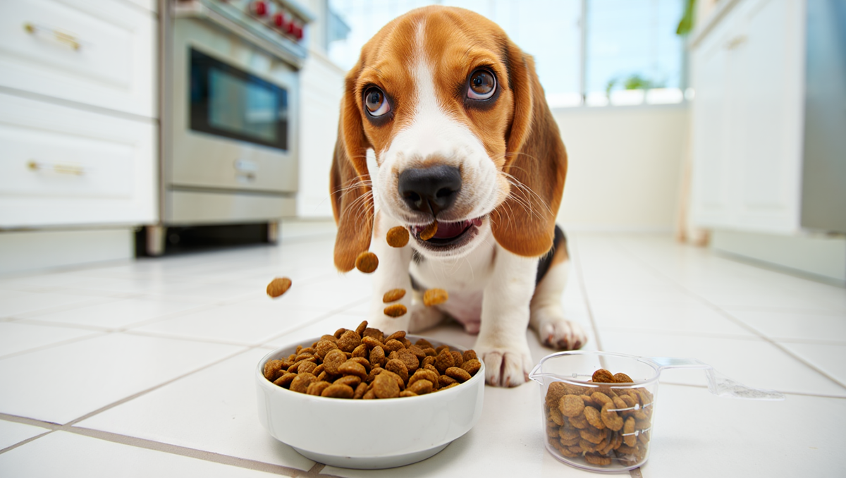 Кормление щенка сухим кормом из керамической миски.