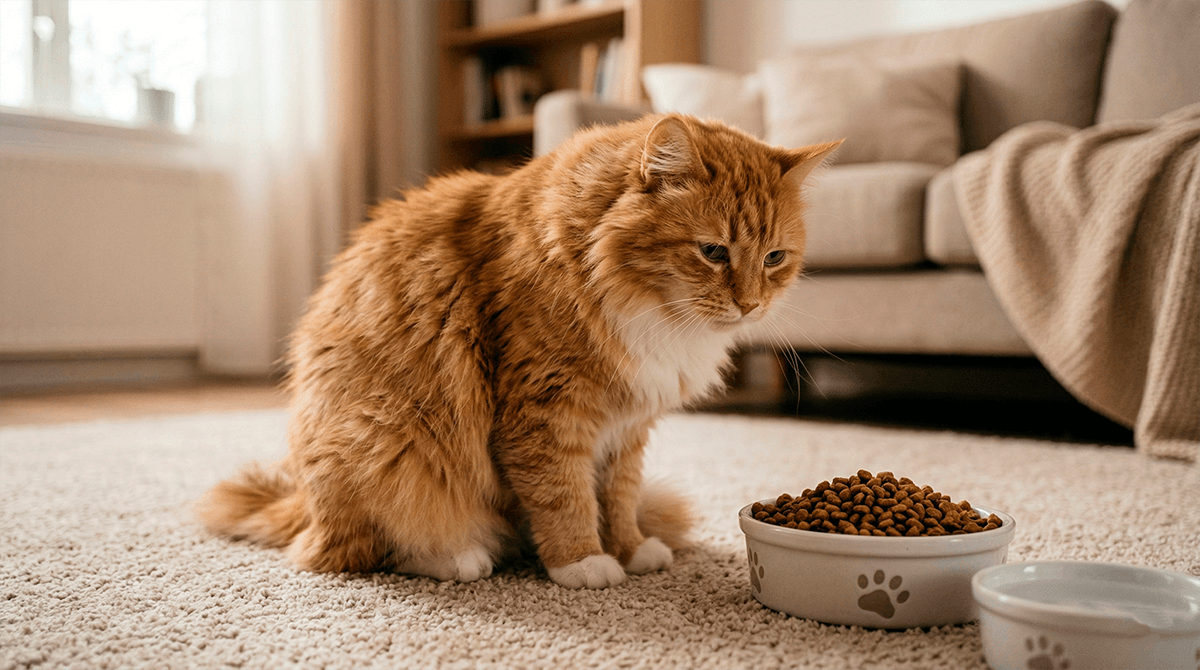 Кошка грустно сидит перед миской с сухим кормом