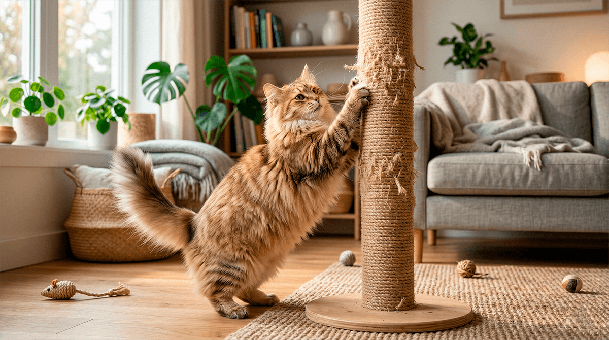 Кошка радостно точит когти о высокую сизалевую когтеточку