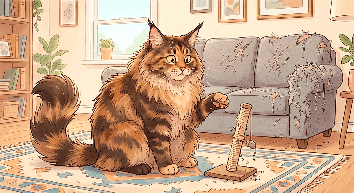 Большой кот сидит рядом с очень маленькой когтеточкой
