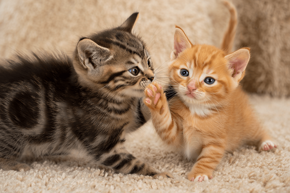 Два маленьких котенка играют и легонько покусывают друг друга, обучаясь контролю силы укуса.