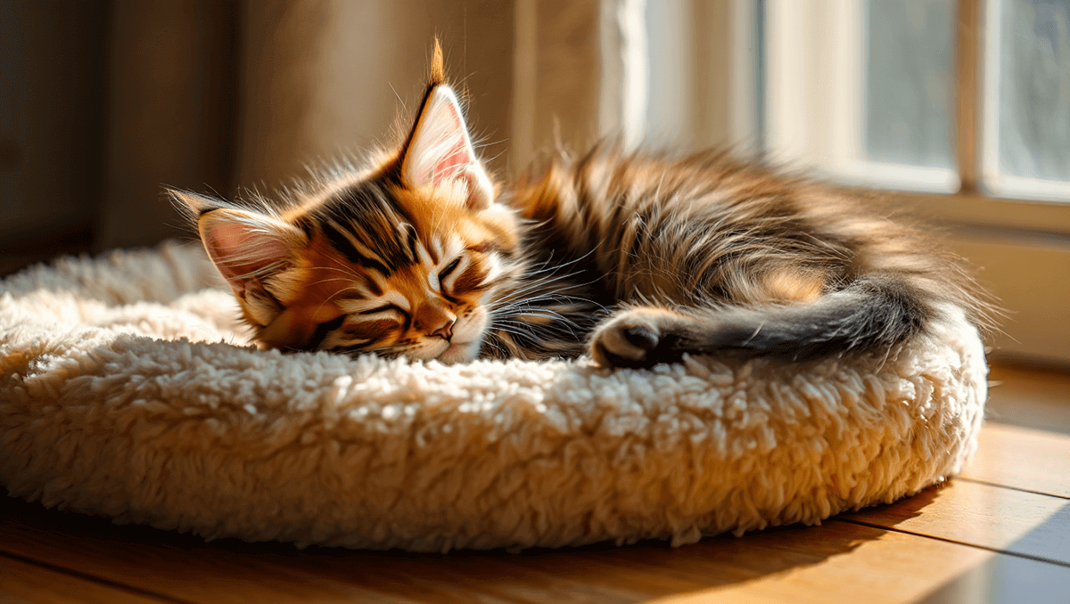 Милый пушистый котенок породы мейн-кун спит в мягкой лежанке-домике — это его безопасное место для сна и отдыха в новом доме.