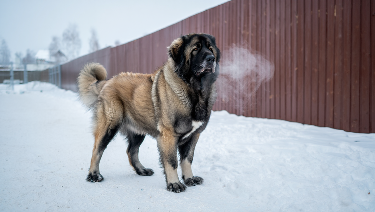 Кавказская овчарка зимой во дворе частного дома