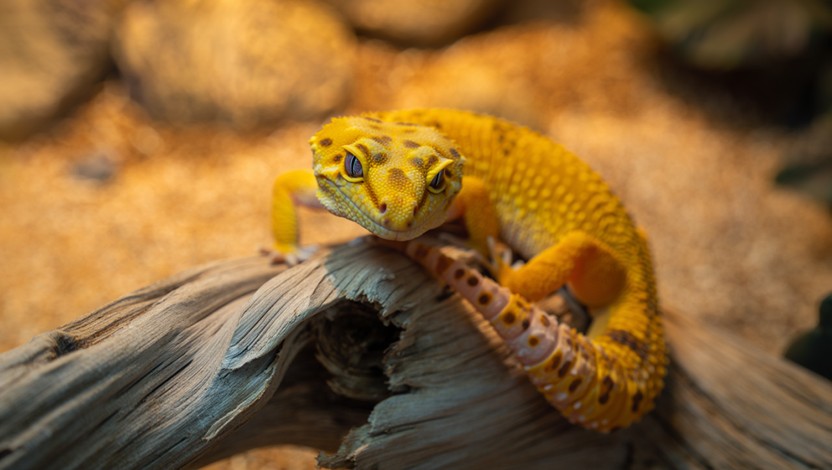 Леопардовый геккон (эублефар) в террариуме крупным планом.