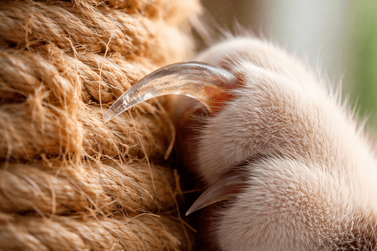 Макросъемка кошачьего когтя на когтеточке, процесс отшелушивания