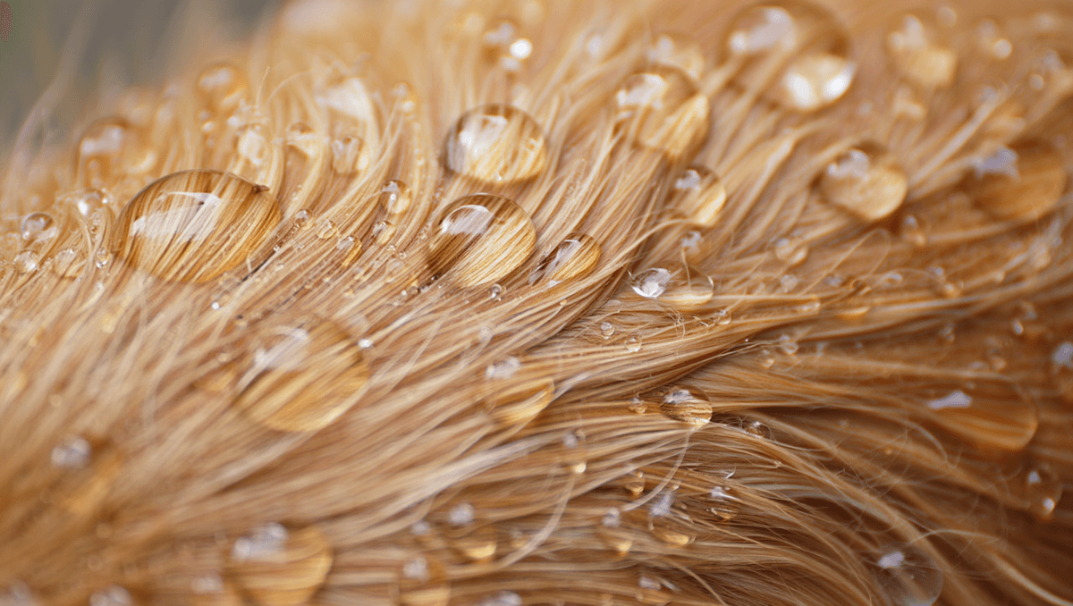 Макросъемка мокрой шерсти золотистого ретривера, капли воды на здоровой шерсти.