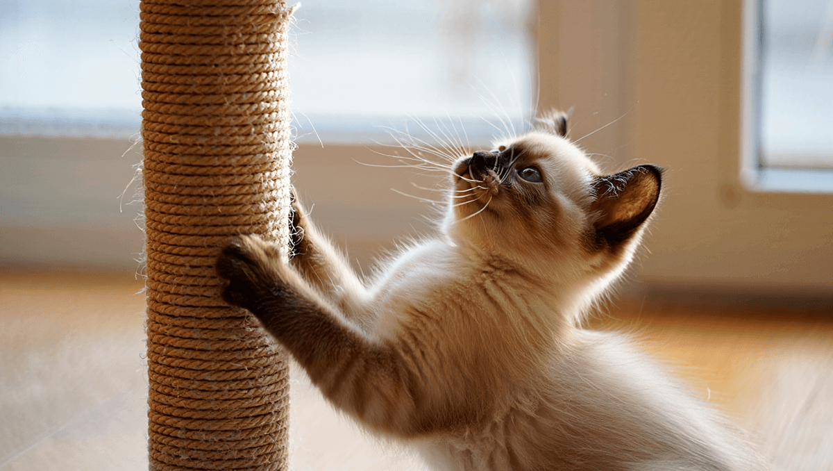 Маленький котенок с удовольствием точит когти о столбик-когтеточку — необходимый товар для сохранения мебели в доме.