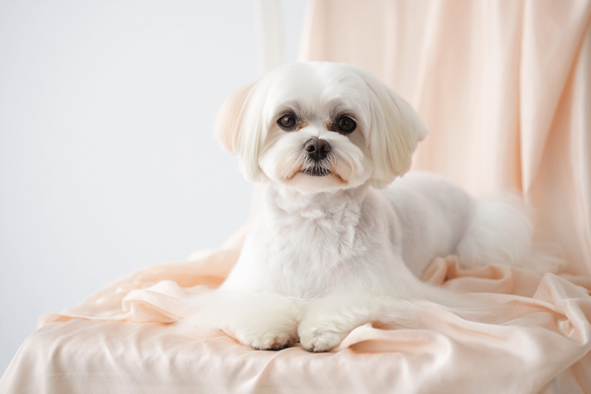 Белая мальтийская болонка с длинной шерстью лежит на пледе