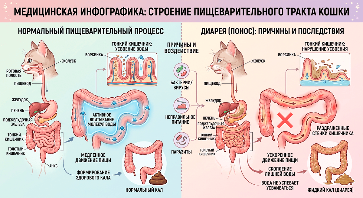 Схема сравнения нормального пищеварения и диареи в кишечнике котенка